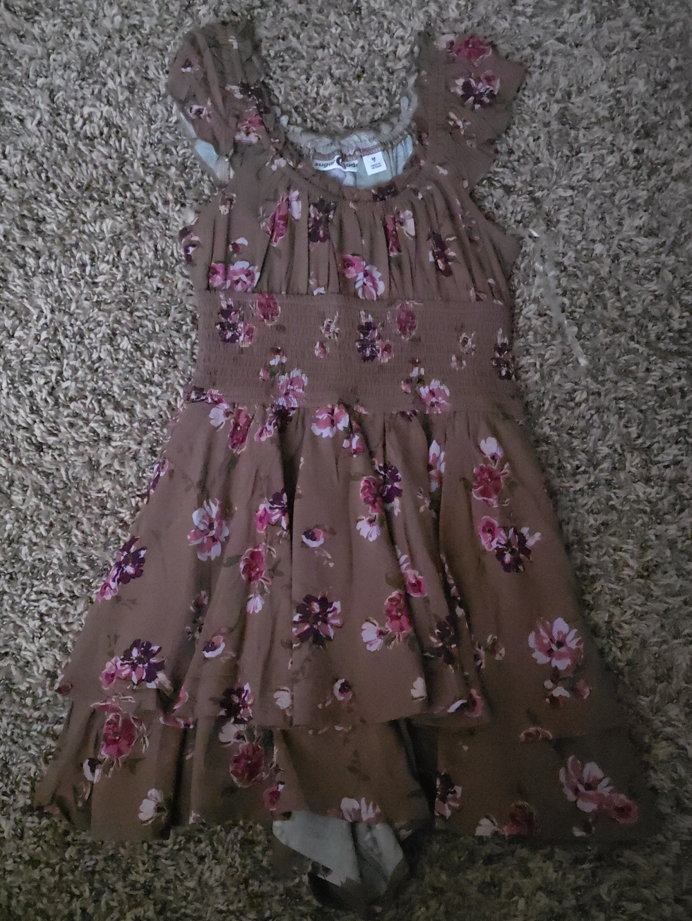 Girls Brown Floral Tiered Romper with Smocked Waist, Size M